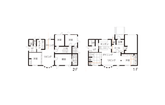 アフター図面。２世帯住宅を改装。元々使われていた建材を活かしてリフォーム。リビング・ダイニングの壁や天井はそのまま活かし、キッチンとの境の下がり壁の一枚板は対面キッチンのカウンター部分に転用。オシャレな木のパーテーションが、思い出を残したリフォームの象徴です。施工は北海道工房