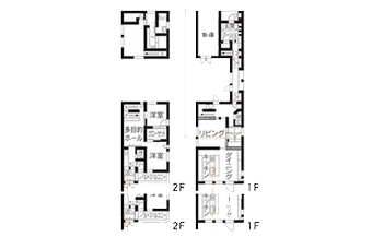 アフター図面。渡り廊下には、カウンターを造作して奥さまの書斎コーナー、ダイニングとリビングには床暖房とインテリアにもなる薪ストーブ、お雛さまを飾る場所をリビングの一部に。こだわりの浴室は、森を感じられる大きな両開きの窓。住まう人の想いが形になった戸建てリフォーム事例です。施工は札幌の北王RELIFEリライフ