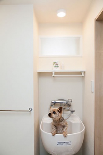 愛犬用のシンク。浴室を広くしたい、狭い玄関や古くなったキッチンを改修したい、との要望でマンションリフォーム。大胆な間取り変更。明るさを確保したキッチン、玄関ホールや洗面室、ユーティリティ。愛犬用のシンクを設置。「水回りを大胆に変更 風と光が心地よい暮らしへ」のリフォーム事例です。施工は札幌のSAWAI建築工房