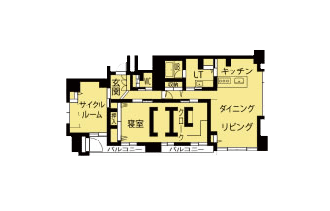 リフォーム後の図面。猫や趣味の自転車のためにもっと広くするリフォーム。札幌のマンションリフォーム事例。自転車専用の部屋と猫用アイテム。4LDKから2LDKへ変更。7台収納できるサイクルルーム。カラフルなユーティリティやキャットステップ、猫用の通り穴を設けているトイレ。施工は住友不動産マンションリフォーム北海道