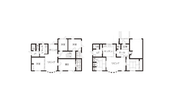 ビフォー図面。２世帯住宅を改装。元々使われていた建材を活かしてリフォーム。リビング・ダイニングの壁や天井はそのまま活かし、キッチンとの境の下がり壁の一枚板は対面キッチンのカウンター部分に転用。オシャレな木のパーテーションが、思い出を残したリフォームの象徴です。施工は北海道工房