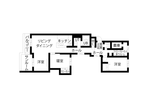 リフォーム後の図面・間取り図。札幌に移住するため、中古マンションを購入しリノベーション。ツーウェイの広い玄関、リビング続きの広いサンルーム。新築にはない味わい。洗面はサブウェイスタイルのタイルに床・カウンター天板・天井は無機質なイメージ。キッチンの背面収納は、ストウブ鍋を置いたときの使い勝手と見た目のバランスを考えて造作。娘の部屋はピンクの壁紙にクリア塗装の無垢フローリング。施工は北王リライフ