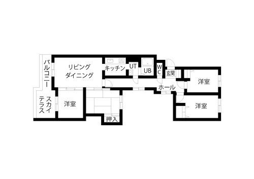 リフォーム前の図面・間取り図。札幌に移住するため、中古マンションを購入しリノベーション。ツーウェイの広い玄関、リビング続きの広いサンルーム。新築にはない味わい。洗面はサブウェイスタイルのタイルに床・カウンター天板・天井は無機質なイメージ。キッチンの背面収納は、ストウブ鍋を置いたときの使い勝手と見た目のバランスを考えて造作。娘の部屋はピンクの壁紙にクリア塗装の無垢フローリング。施工は北王リライフ