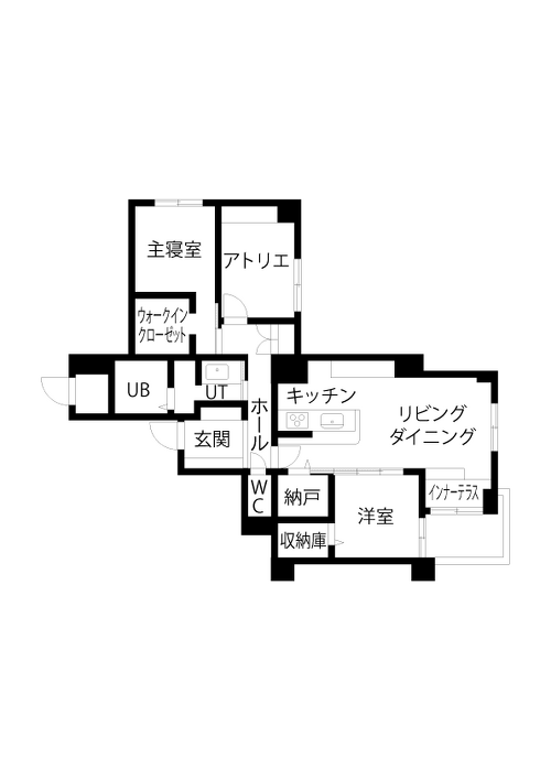 リフォーム後の図面、間取り。家族が集うLDKとプライバシーを確保した居室で暮らしやすい間取り。元和室の洋室や寝室にクローゼットを造作して、収納を新設。カフェやバーのようなカウンター付きキッチンと、趣味の作品制作や教室開催ができるアトリエをプラン。若い夫婦のライフスタイルを応援する個性的な住まい。モデルルームマンションの事例。施工は北王リライフ。リフォームの施工事例集、施工店探し、費用の相場、築年数なども掲載、リフォームのイメージづくりができるのでこれからリフォームする方向けの情報満載です。