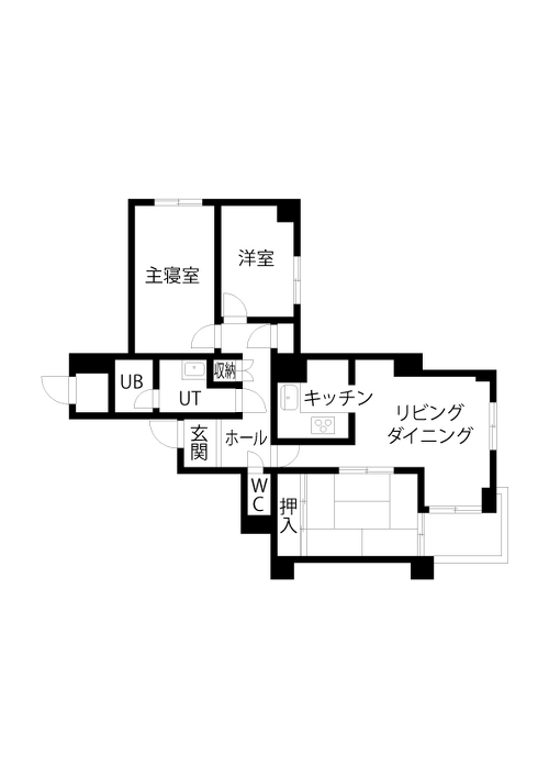 リフォーム前の図面、間取り。家族が集うLDKとプライバシーを確保した居室で暮らしやすい間取り。元和室の洋室や寝室にクローゼットを造作して、収納を新設。カフェやバーのようなカウンター付きキッチンと、趣味の作品制作や教室開催ができるアトリエをプラン。若い夫婦のライフスタイルを応援する個性的な住まい。モデルルームマンションの事例。施工は北王リライフ。リフォームの施工事例集、施工店探し、費用の相場、築年数なども掲載、リフォームのイメージづくりができるのでこれからリフォームする方向けの情報満載です。