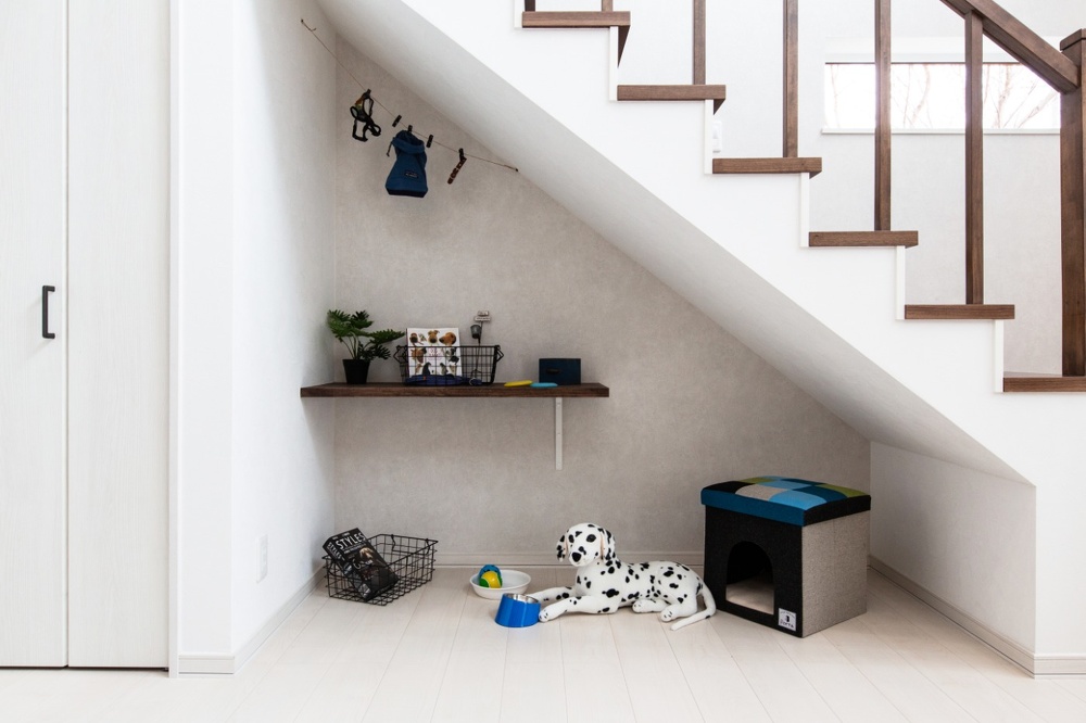 ワンちゃんたちが朝起きて寝るまでを過ごす1階には専用スペースも。
