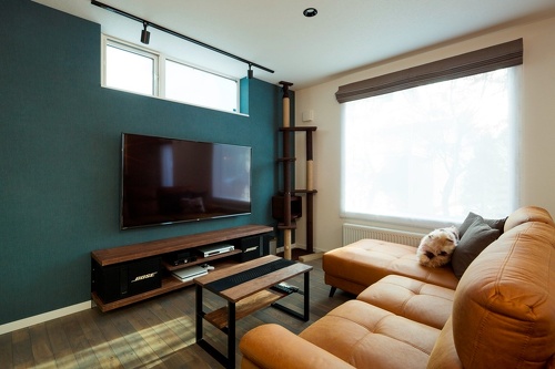 和室をなくして、その分のスペースをLDKに加えました。センターテーブルとTVボードはDIY好きのご主人作