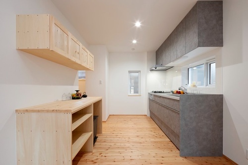 キッチン背面にはカウンターと吊り棚を造作してもらいました。収納量たっぷりで、使い勝手もいいキッチンです