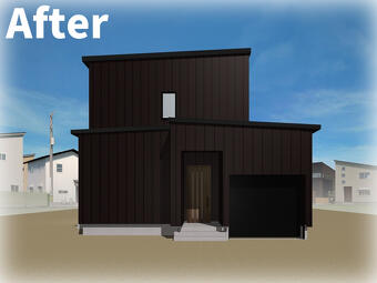 アルティザン建築工房_子育て世代のZEHリノベーション完成見学会_外観After写真。黒のガルバリウムの外壁