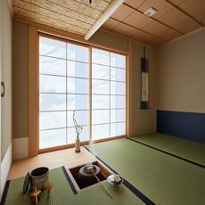 本格茶室のある住まいにリフォーム。すだれ天井に炉は客畳に寄せて切る向切(むこうぎり)